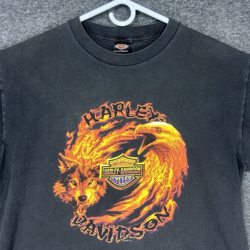 VTG Harley Davidson Shirt Mens L Faded Black Flames Eagle Wolf Y2K Made in USA